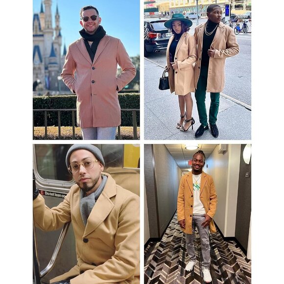 ✨Men Brown Wool Blend Pea Coat Notched Collar Single Overcoat Warm Trench Coat - Picture 5 of 8